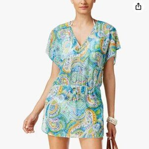 Ralph Lauren Women Net Sheer Swimsuit Cover Size L Multicolor V Neck Short Sleev